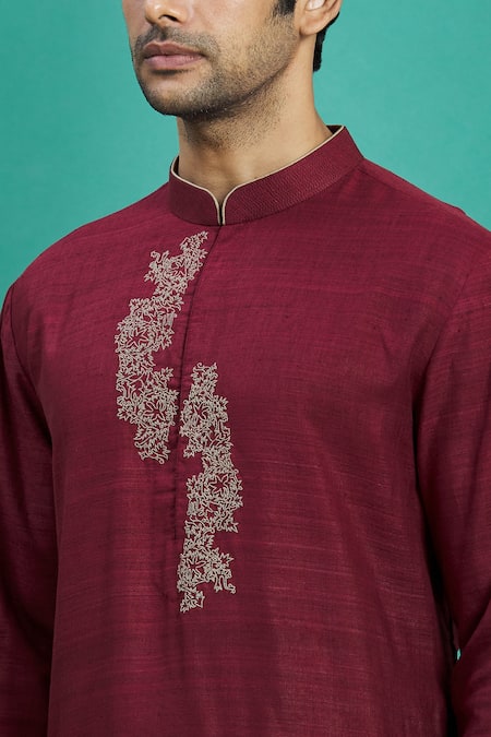 Kishore Ramani_Maroon Silk Floral Embroidered Kurta Set _at_Aza_Fashions