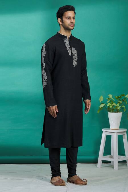 Kishore Ramani_Black Silk Floral Embroidered Kurta Set _Online_at_Aza_Fashions