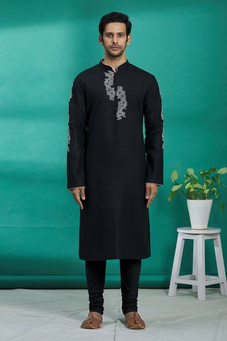 Buy_Kishore Ramani_Black Silk Floral Embroidered Kurta Set _Online_at_Aza_Fashions