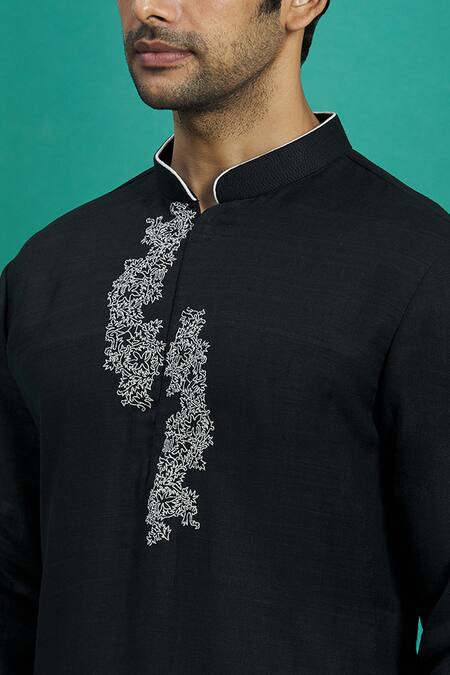 Kishore Ramani_Black Silk Floral Embroidered Kurta Set _at_Aza_Fashions