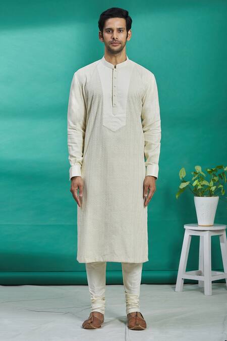 Buy_Kishore Ramani_White Silk Rikrack Kurta Set _Online_at_Aza_Fashions