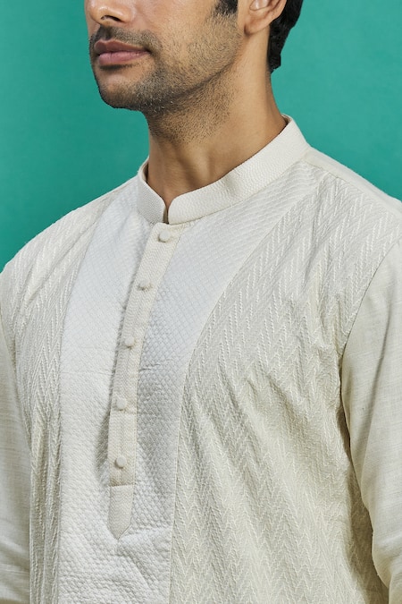 Kishore Ramani_White Silk Rikrack Kurta Set _at_Aza_Fashions