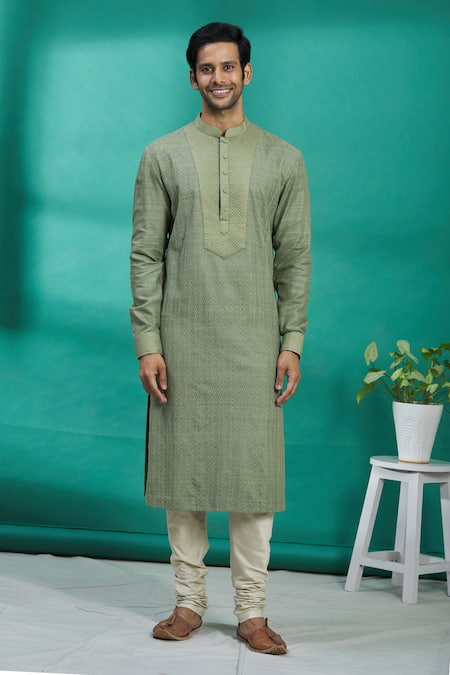 Kishore Ramani_Green Silk Rikrack Embroidered Kurta Set _Online_at_Aza_Fashions
