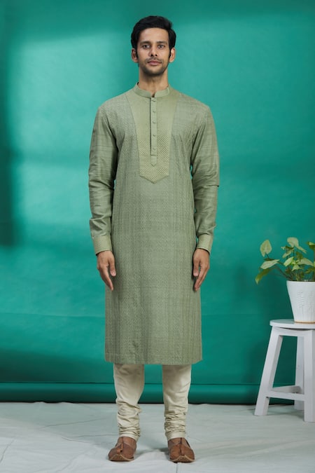 Buy_Kishore Ramani_Green Silk Rikrack Embroidered Kurta Set _Online_at_Aza_Fashions