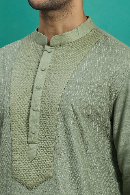 Kishore Ramani_Green Silk Rikrack Embroidered Kurta Set _at_Aza_Fashions