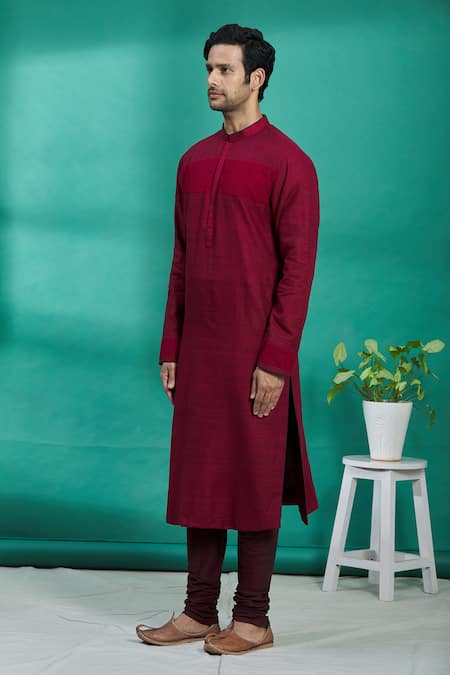 Kishore Ramani_Maroon Silk Geometric Embroidered Kurta Set _Online_at_Aza_Fashions