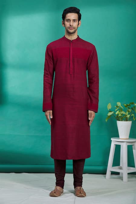 Buy_Kishore Ramani_Maroon Silk Geometric Embroidered Kurta Set _Online_at_Aza_Fashions