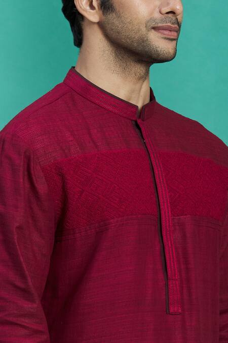 Kishore Ramani_Maroon Silk Geometric Embroidered Kurta Set _at_Aza_Fashions