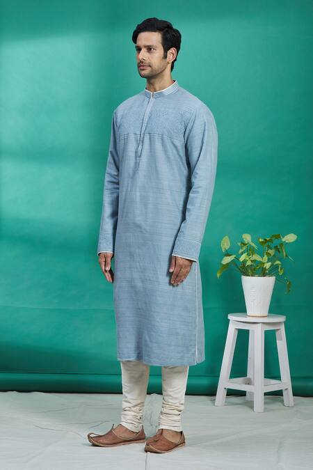 Kishore Ramani Blue Silk Geometric Embroidered Kurta Set Online at Aza Fashions Kishore Ramani_Blue Silk Geometric Embroidered Kurta Set _Online_at_Aza_Fashions