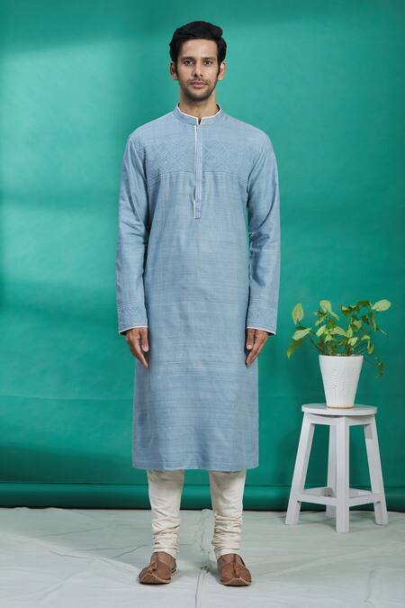 Buy Kishore Ramani Blue Silk Geometric Embroidered Kurta Set Online at Aza Fashions Buy_Kishore Ramani_Blue Silk Geometric Embroidered Kurta Set _Online_at_Aza_Fashions