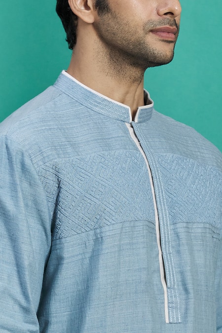 Kishore Ramani Blue Silk Geometric Embroidered Kurta Set at Aza Fashions Kishore Ramani_Blue Silk Geometric Embroidered Kurta Set _at_Aza_Fashions