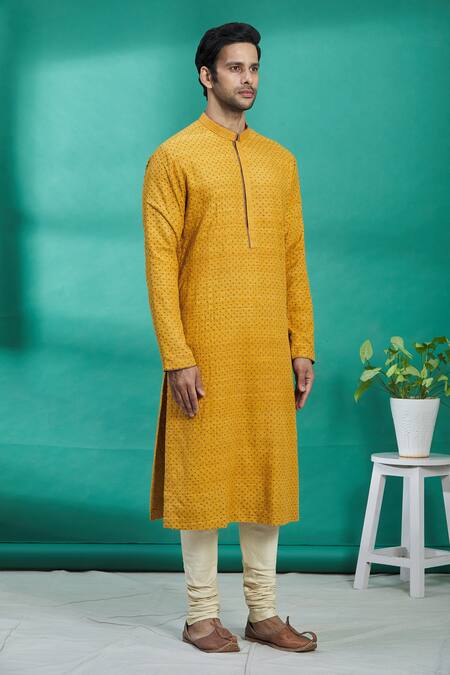 Kishore Ramani_Yellow Silk Geometric Embroidered Kurta Set _Online_at_Aza_Fashions