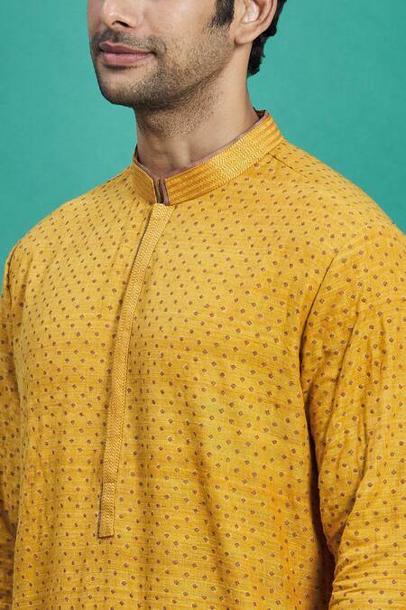 Kishore Ramani_Yellow Silk Geometric Embroidered Kurta Set _at_Aza_Fashions