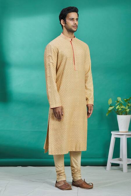 Kishore Ramani_Beige Silk Geometric Embroidered Kurta Set _Online_at_Aza_Fashions