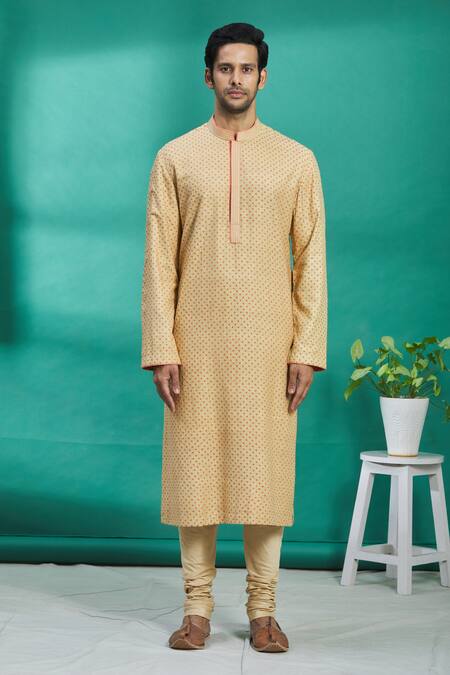 Buy_Kishore Ramani_Beige Silk Geometric Embroidered Kurta Set _Online_at_Aza_Fashions