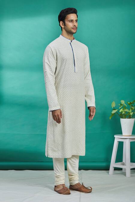 Kishore Ramani White Silk Geometric Embroidered Kurta Set Online at Aza Fashions Kishore Ramani_White Silk Geometric Embroidered Kurta Set _Online_at_Aza_Fashions