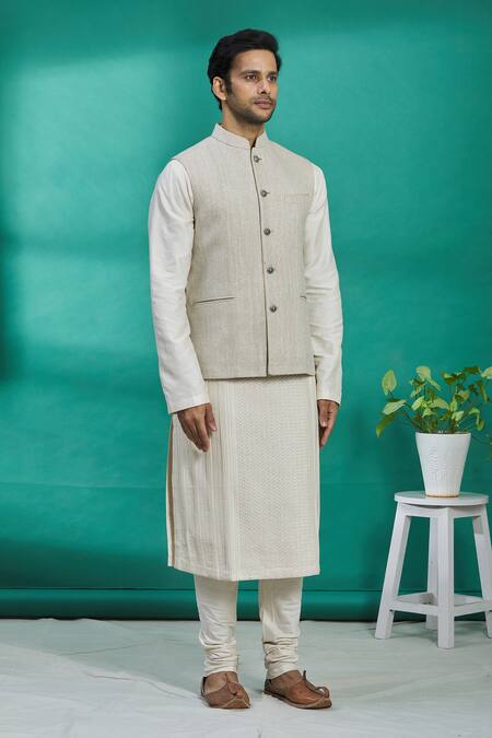 Kishore Ramani_White Silk Herringbone Bundi _Online_at_Aza_Fashions