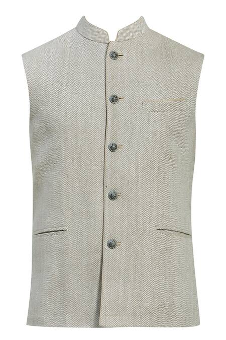 Buy_Kishore Ramani_White Silk Herringbone Bundi _Online_at_Aza_Fashions