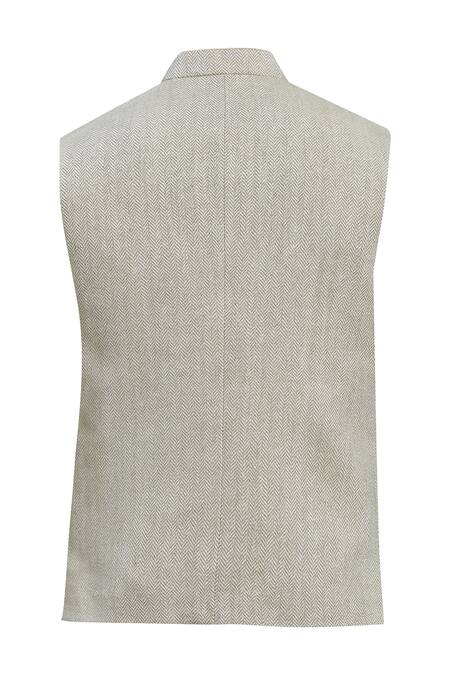 Shop_Kishore Ramani_White Silk Herringbone Bundi _Online_at_Aza_Fashions