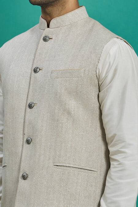 Kishore Ramani_White Silk Herringbone Bundi _at_Aza_Fashions