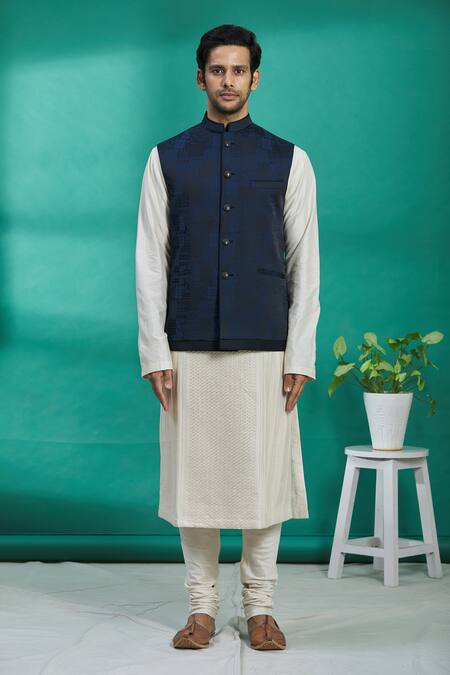 Kishore Ramani_Blue Poly Jacquard Button Down Bundi _Online_at_Aza_Fashions