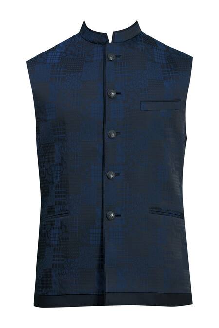 Buy_Kishore Ramani_Blue Poly Jacquard Button Down Bundi _Online_at_Aza_Fashions