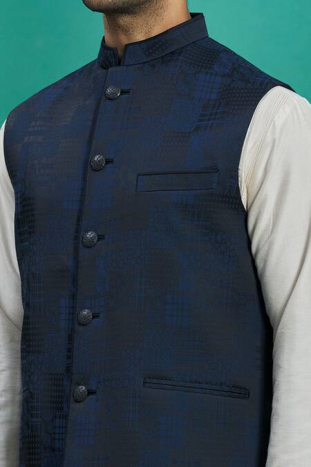 Kishore Ramani_Blue Poly Jacquard Button Down Bundi _at_Aza_Fashions