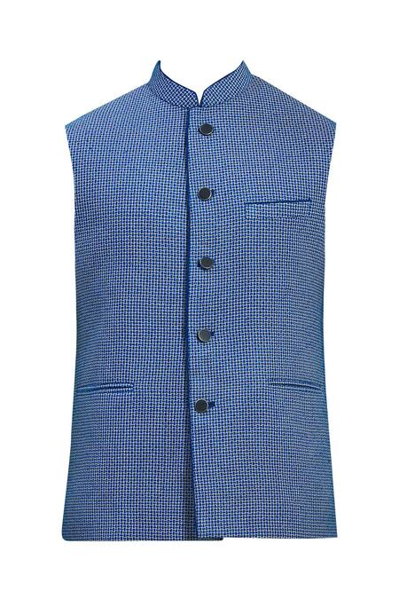 Buy_Kishore Ramani_Blue Silk Woven Bundi _Online_at_Aza_Fashions