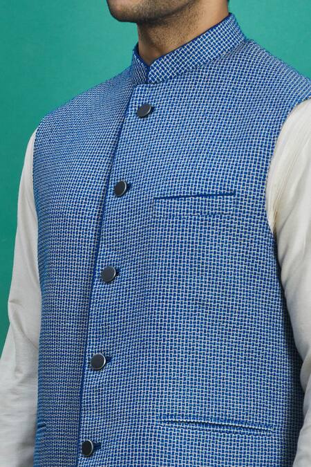 Kishore Ramani_Blue Silk Woven Bundi _at_Aza_Fashions