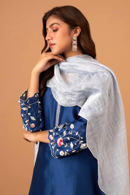Shop Anantaa By Roohi Blue Silk Chanderi Sequins, Thread Work V Neck Embroidered Kurta Online at Aza Fashions Shop_Anantaa By Roohi_Blue Silk Chanderi Sequins, Thread Work V Neck Embroidered Kurta _Online_at_Aza_Fashions