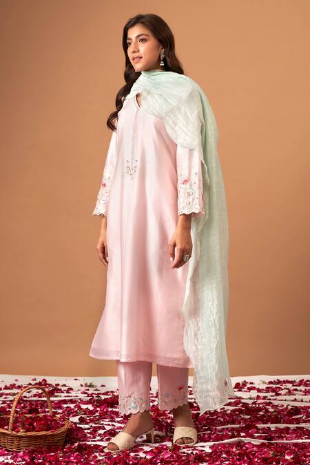 Buy_Anantaa By Roohi_Blue Silk Chanderi Sequins, Thread Work Embroidered Scallop Dupatta  _Online_at_Aza_Fashions