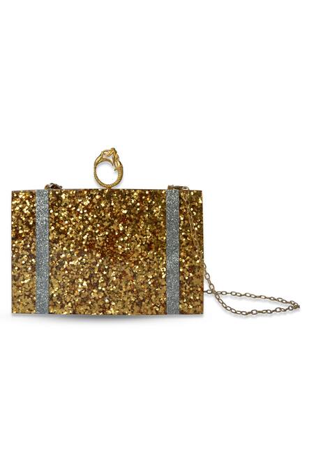 Oceana Clutches_Gold Glitter Sparkle Box Clutch_Online_at_Aza_Fashions