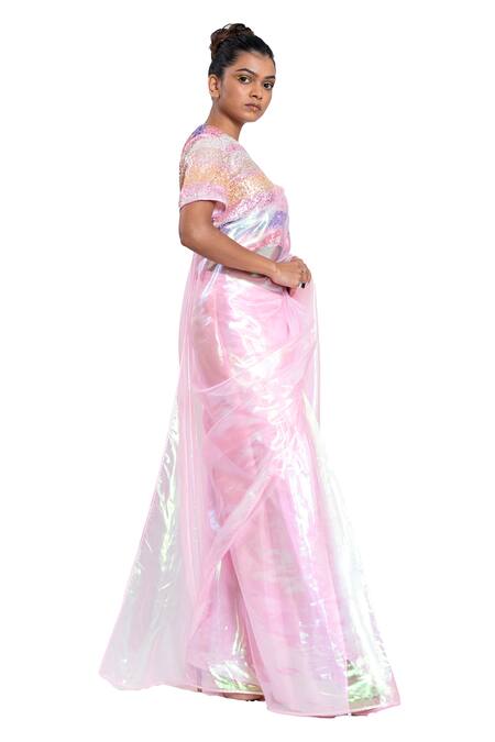 Pooja Bagaria_Blue Organza Holographic Pre-draped Saree With Blouse_Online_at_Aza_Fashions