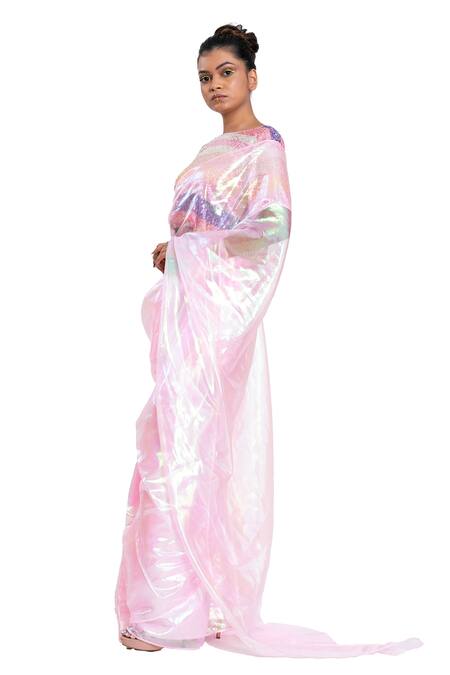 Buy_Pooja Bagaria_Blue Organza Holographic Pre-draped Saree With Blouse_Online_at_Aza_Fashions