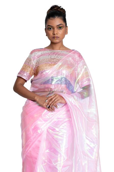 Pooja Bagaria_Blue Organza Holographic Pre-draped Saree With Blouse_at_Aza_Fashions