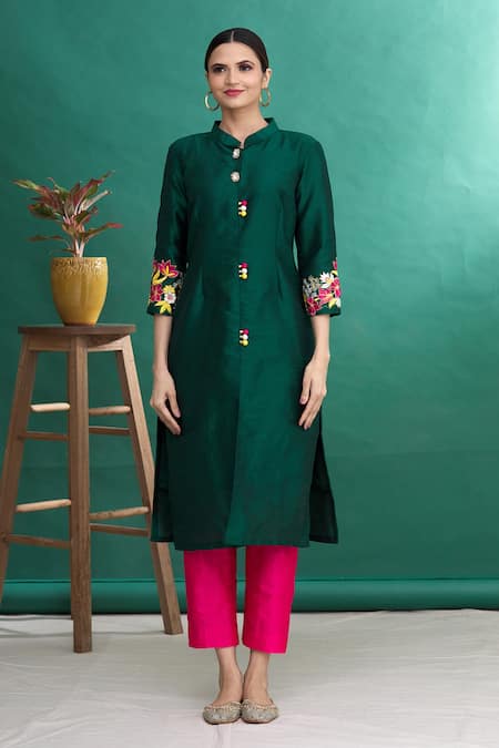 Khwaab By Sanjana Lakhani_Green Silk Embroidery Mandarin Collar Placement Kurta And Pant Set _Online_at_Aza_Fashions