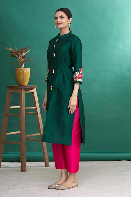 Buy_Khwaab By Sanjana Lakhani_Green Silk Embroidery Mandarin Collar Placement Kurta And Pant Set _Online_at_Aza_Fashions