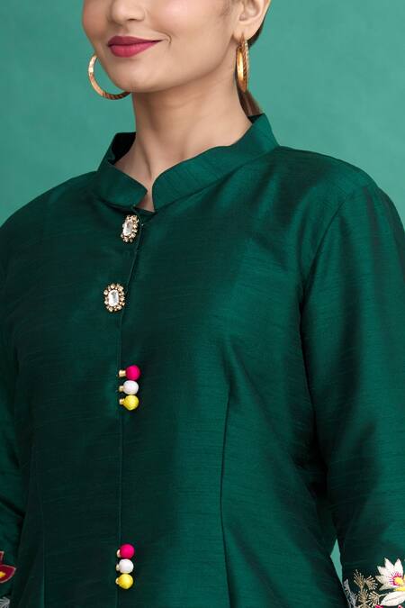 Shop_Khwaab By Sanjana Lakhani_Green Silk Embroidery Mandarin Collar Placement Kurta And Pant Set _Online_at_Aza_Fashions