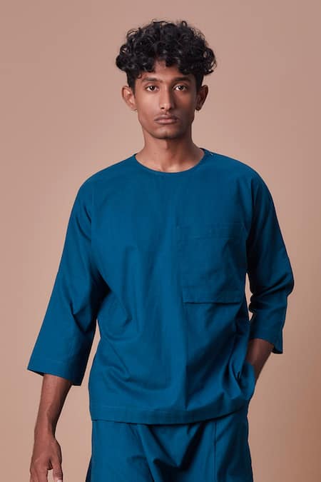 MATI Blue 100% Cotton Plain Handwoven Cross Pocket T-shirt 