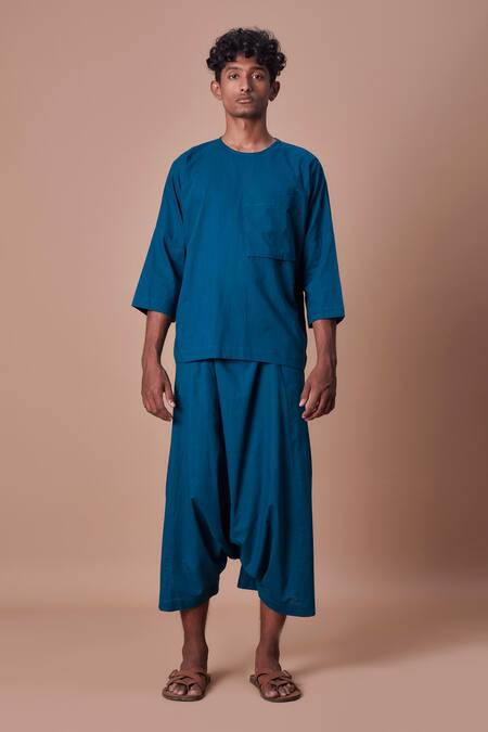 MATI_1_Blue 100% Cotton Handwoven Cross Pocket T-shirt_Online_at_Aza_Fashions