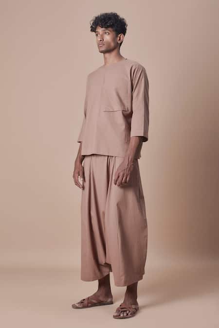 MATI_Brown 100% Cotton Plain Handwoven Harem Pant _Online_at_Aza_Fashions