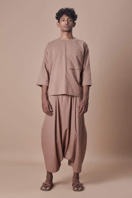 Buy_MATI_Brown 100% Cotton Plain Handwoven Harem Pant _Online_at_Aza_Fashions
