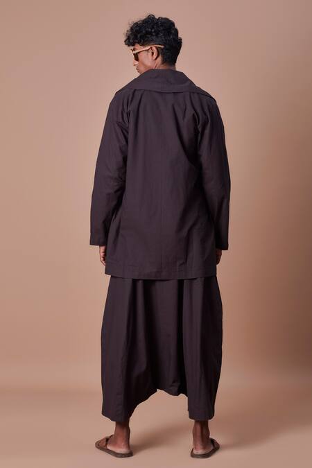 Shop MATI_1 Black 100% Cotton Shawl Collar Handwoven Jacket And Harem Pant Set at Aza Fashions Shop_MATI_1_Black 100% Cotton Shawl Collar Handwoven Jacket And Harem Pant Set_at_Aza_Fashions