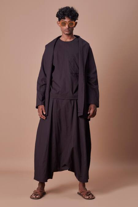 MATI_1 Black 100% Cotton Shawl Collar Handwoven Jacket And Harem Pant Set Online at Aza Fashions MATI_1_Black 100% Cotton Shawl Collar Handwoven Jacket And Harem Pant Set_Online_at_Aza_Fashions