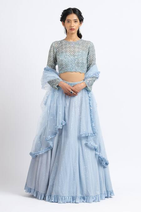 Buy Nitika Gujral Blue Net, Tulle, Georgette Crystal, Cutdana, Resham, Sequin Work Lehenga Set Online at Aza Fashions Buy_Nitika Gujral_Blue Net, Tulle, Georgette Crystal, Cutdana, Resham, Sequin Work Lehenga Set _Online_at_Aza_Fashions