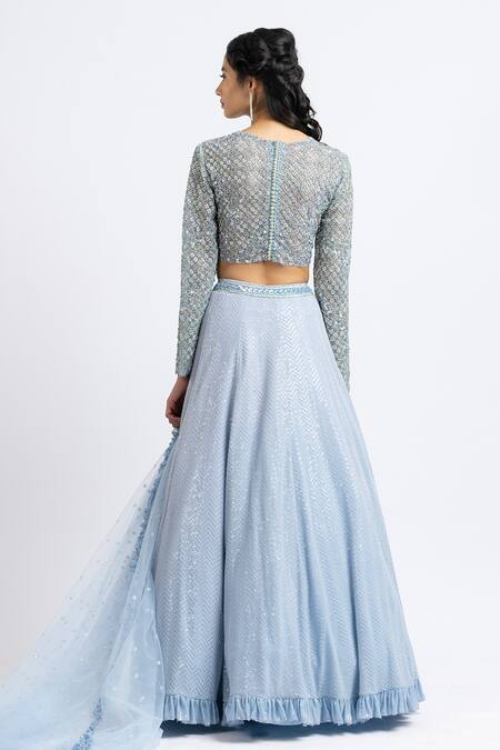 Shop Nitika Gujral Blue Net, Tulle, Georgette Crystal, Cutdana, Resham, Sequin Work Lehenga Set at Aza Fashions Shop_Nitika Gujral_Blue Net, Tulle, Georgette Crystal, Cutdana, Resham, Sequin Work Lehenga Set _at_Aza_Fashions