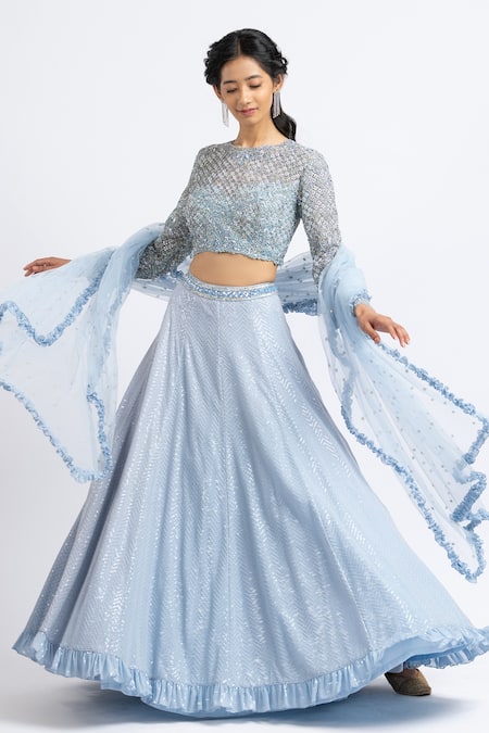 Nitika Gujral Blue Net, Tulle, Georgette Crystal, Cutdana, Resham, Sequin Work Lehenga Set