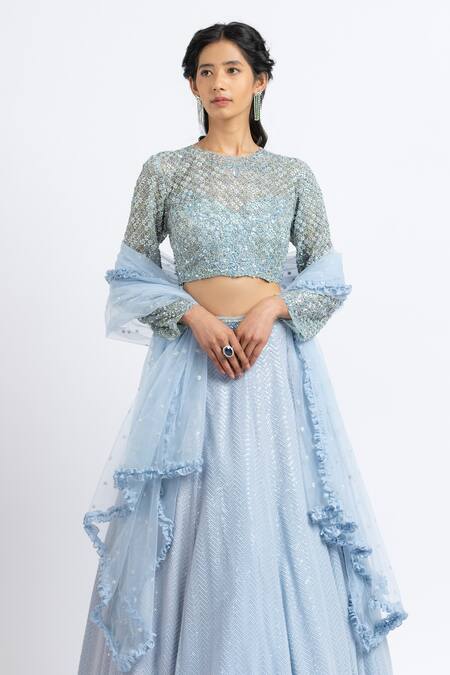 Shop Nitika Gujral Blue Net, Tulle, Georgette Crystal, Cutdana, Resham, Sequin Work Lehenga Set Online at Aza Fashions Shop_Nitika Gujral_Blue Net, Tulle, Georgette Crystal, Cutdana, Resham, Sequin Work Lehenga Set _Online_at_Aza_Fashions