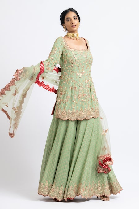 Nitika Gujral_Green Net, Georgette Floral Sweetheart Neck Embroidered Kurta Sharara Set _Online_at_Aza_Fashions