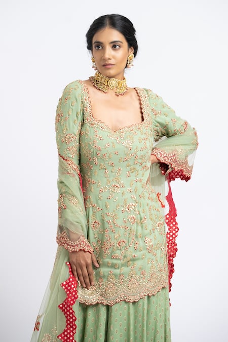 Shop_Nitika Gujral_Green Net, Georgette Floral Sweetheart Neck Embroidered Kurta Sharara Set _Online_at_Aza_Fashions